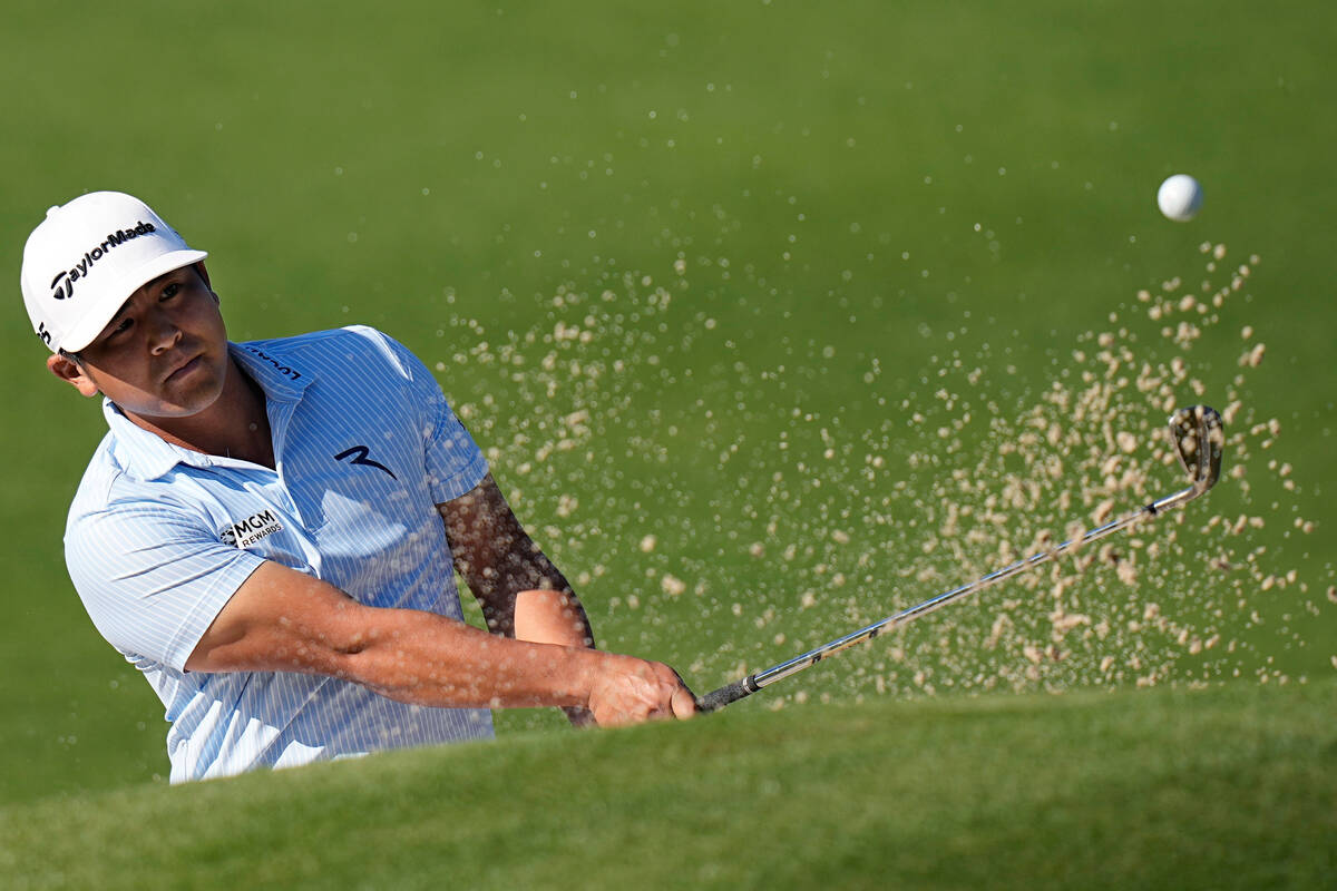Kurt Kitayama plays a shot from a bunker on the fifth hole during a round of 16 at the Dell Tec ...