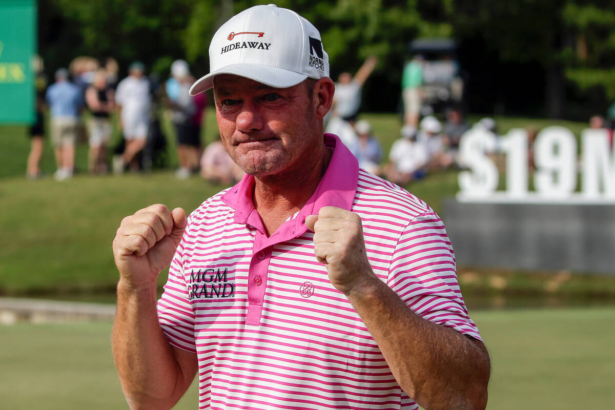 Alex Cejka, of Germany, reacts after defeating Steve Stricker on the first hole of a playoff af ...