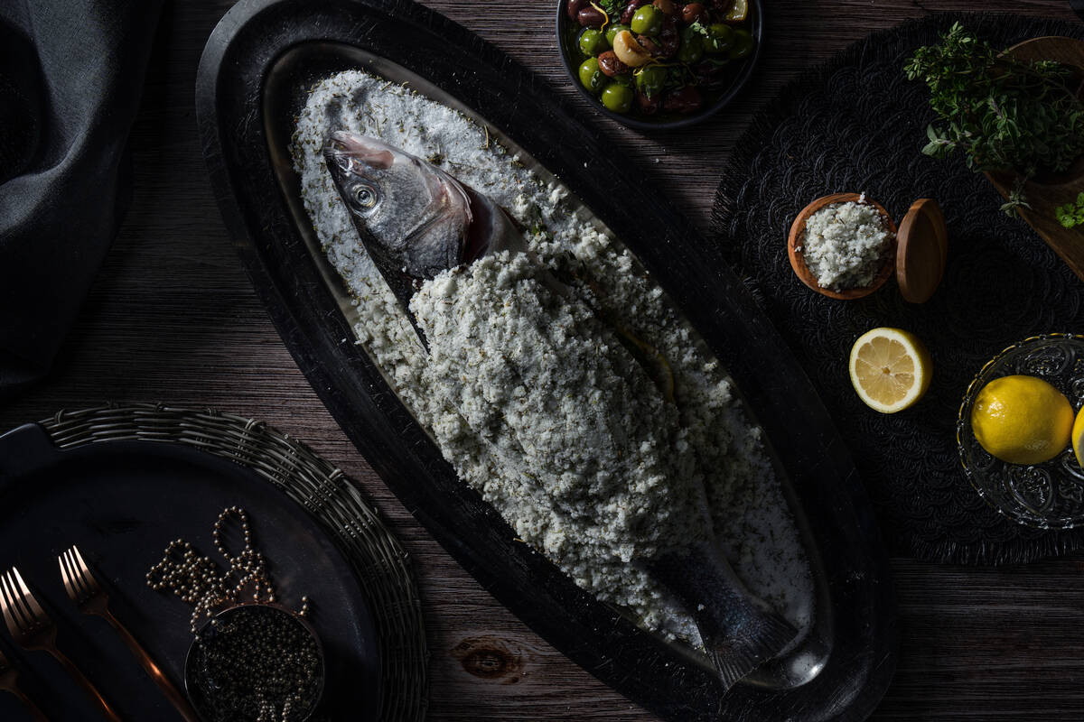Salt-baked branzino from the new Cathédrale restaurant opening May 1, 2023, in Aria Resort on ...
