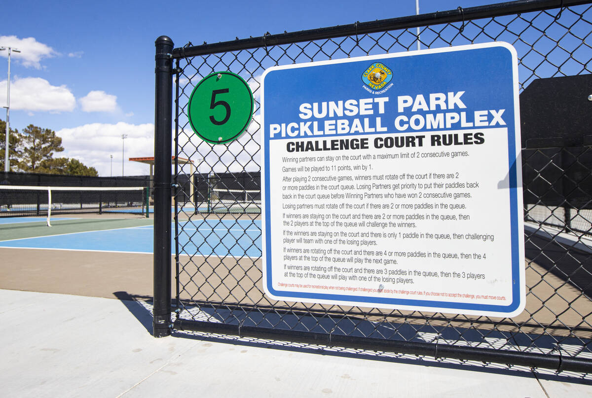 A court at the Sunset Park pickleball complex on Tuesday, April 4, 2023, in Las Vegas. (Chase S ...