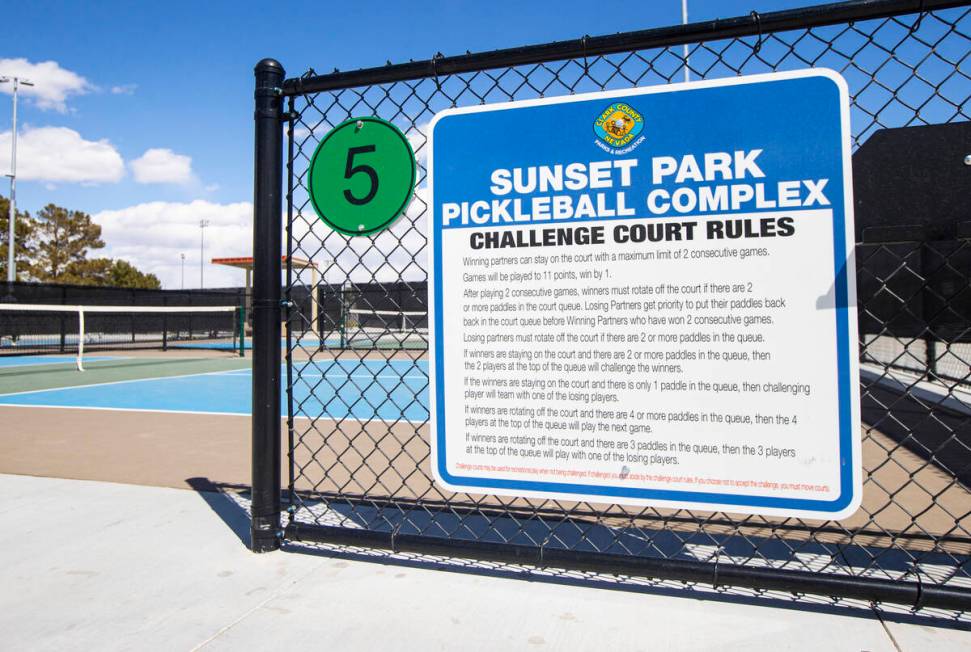 A court at the Sunset Park pickleball complex on Tuesday, April 4, 2023, in Las Vegas. (Chase S ...