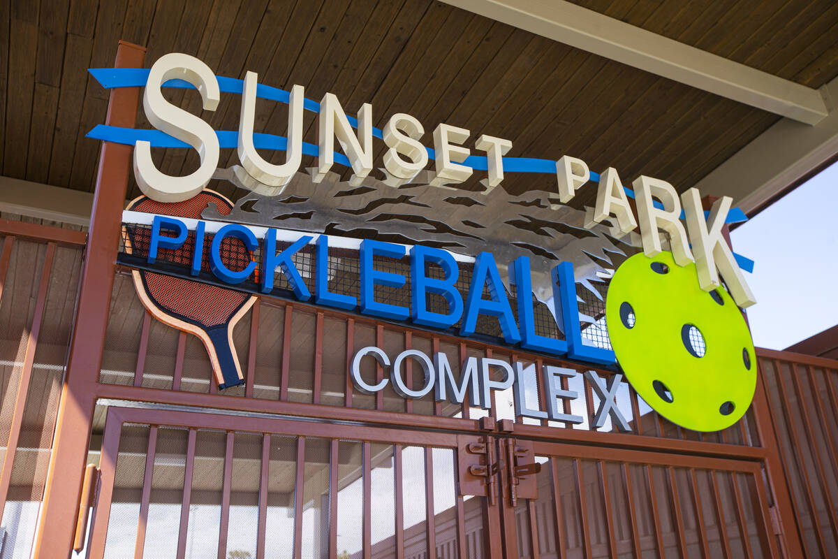 A sign for the Sunset Park pickleball complex on Tuesday, April 4, 2023, in Las Vegas. (Chase S ...