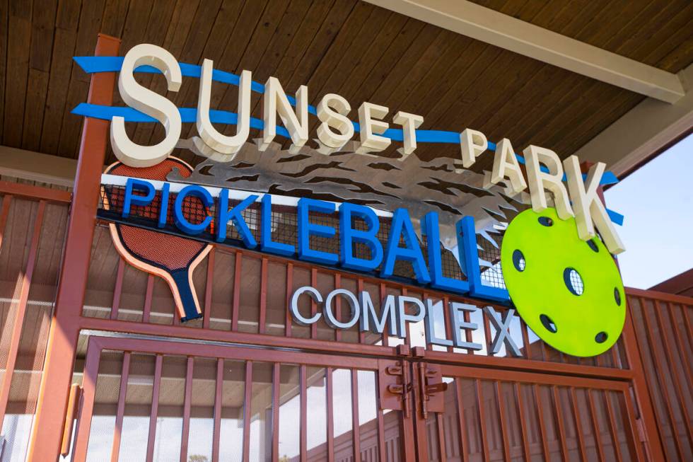 A sign for the Sunset Park pickleball complex on Tuesday, April 4, 2023, in Las Vegas. (Chase S ...