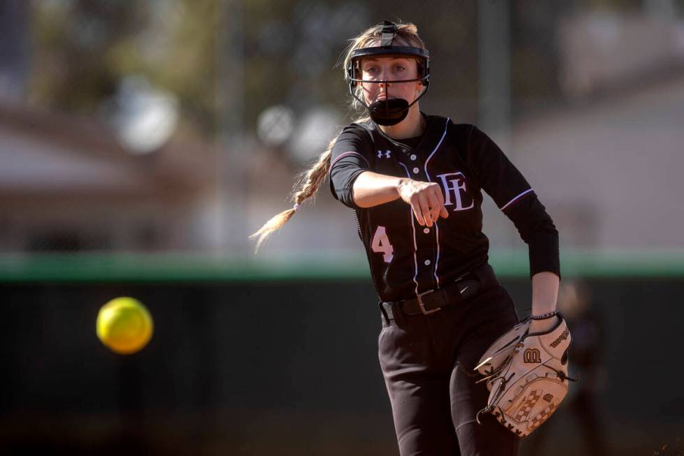 Faith Lutheran’s Jersie McDonald pitches to Green Valley during a high school softball g ...