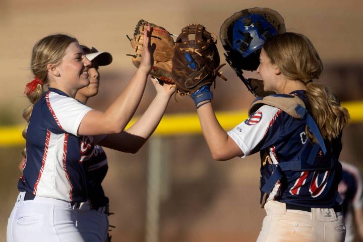 Coronado’s Kendall Selitzky, left, greets her team after shutting out Faith Lutheran in ...