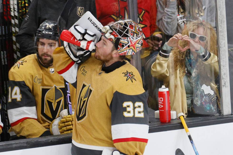 Vegas Golden Knights goaltender Jonathan Quick (32) takes a break during the third period of an ...