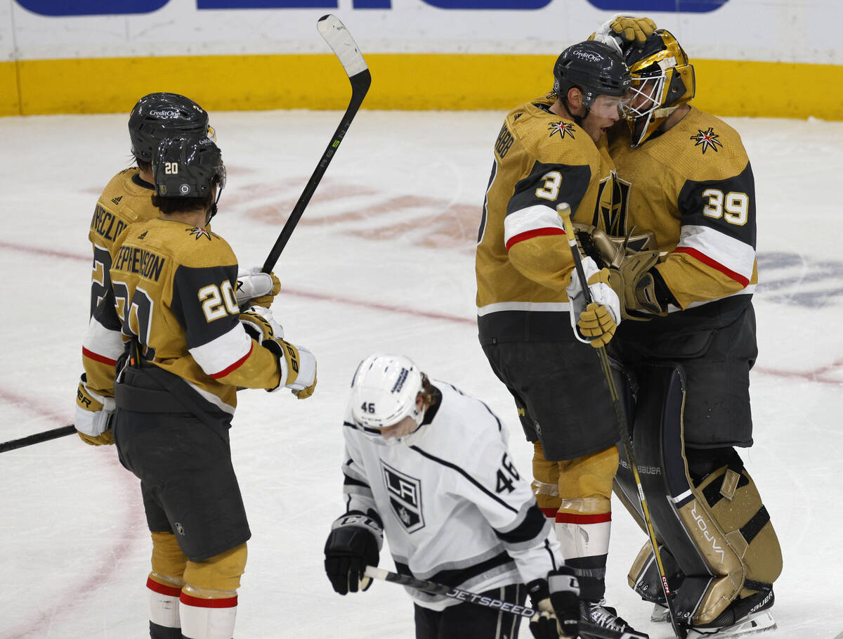 Golden Knights goaltender Laurent Brossoit (39) celebrates their 5-2 victory with Golden Knight ...