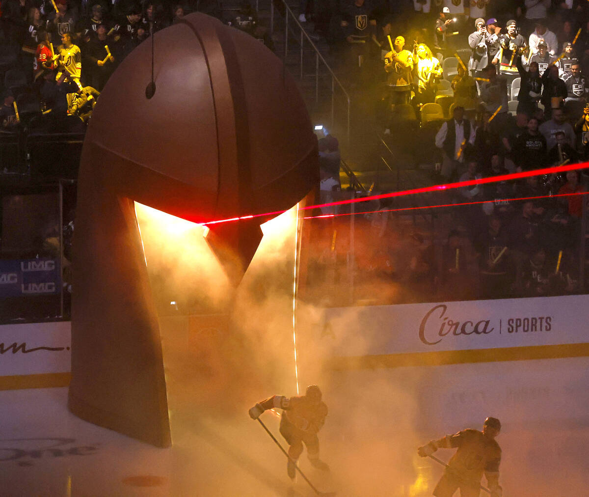 Golden Knights players come out during introductions before an NHL hockey game against Los Ange ...