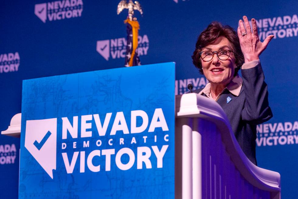 Senator Jacky Rosen speaks during the Nevada Democratic Victory Election Night party in the bal ...