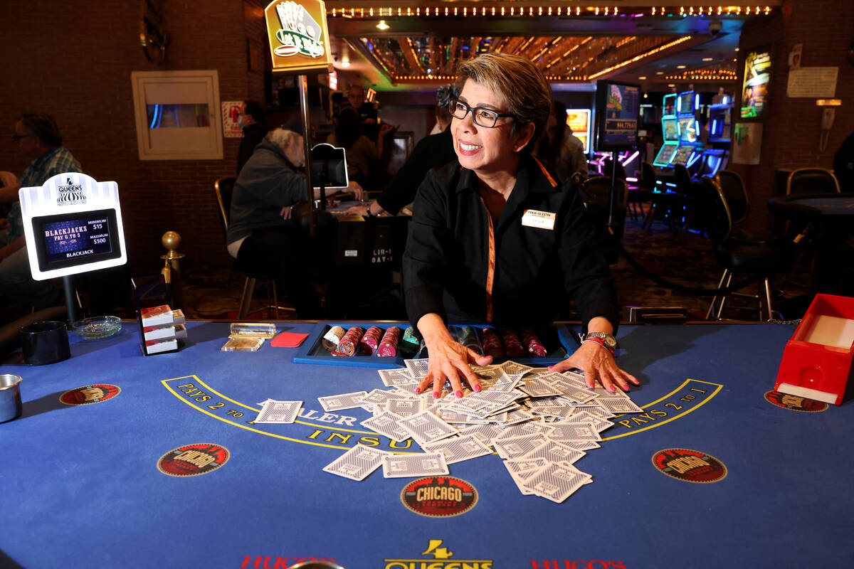 Blackjack dealer Sylvia Brown washes the cards at the Four Queens in downtown Las Vegas Tuesday ...