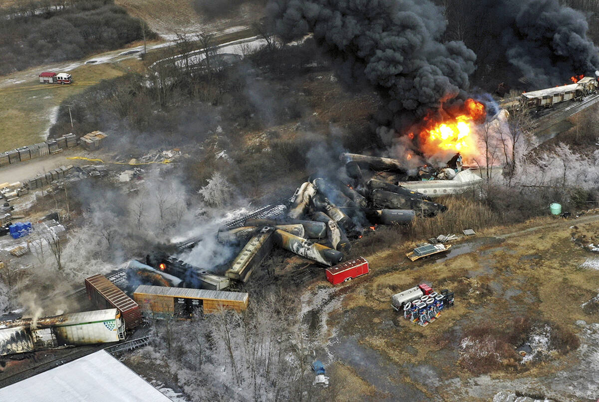 FILE - This photo taken with a drone on Feb. 4, 2023, shows portions of a Norfolk Southern frei ...