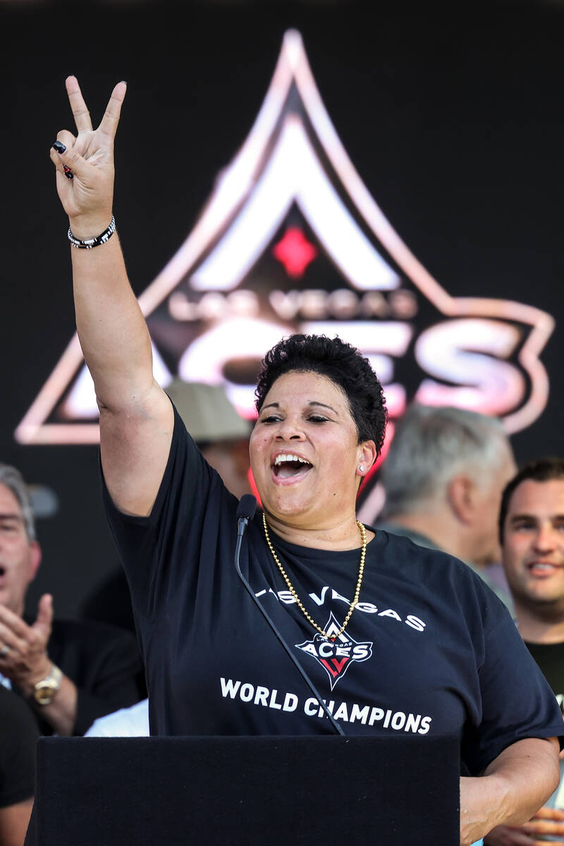 SEPTEMBER 20: General manager Natalie Williams of the Las Vegas Aces smiles and celebrates duri ...