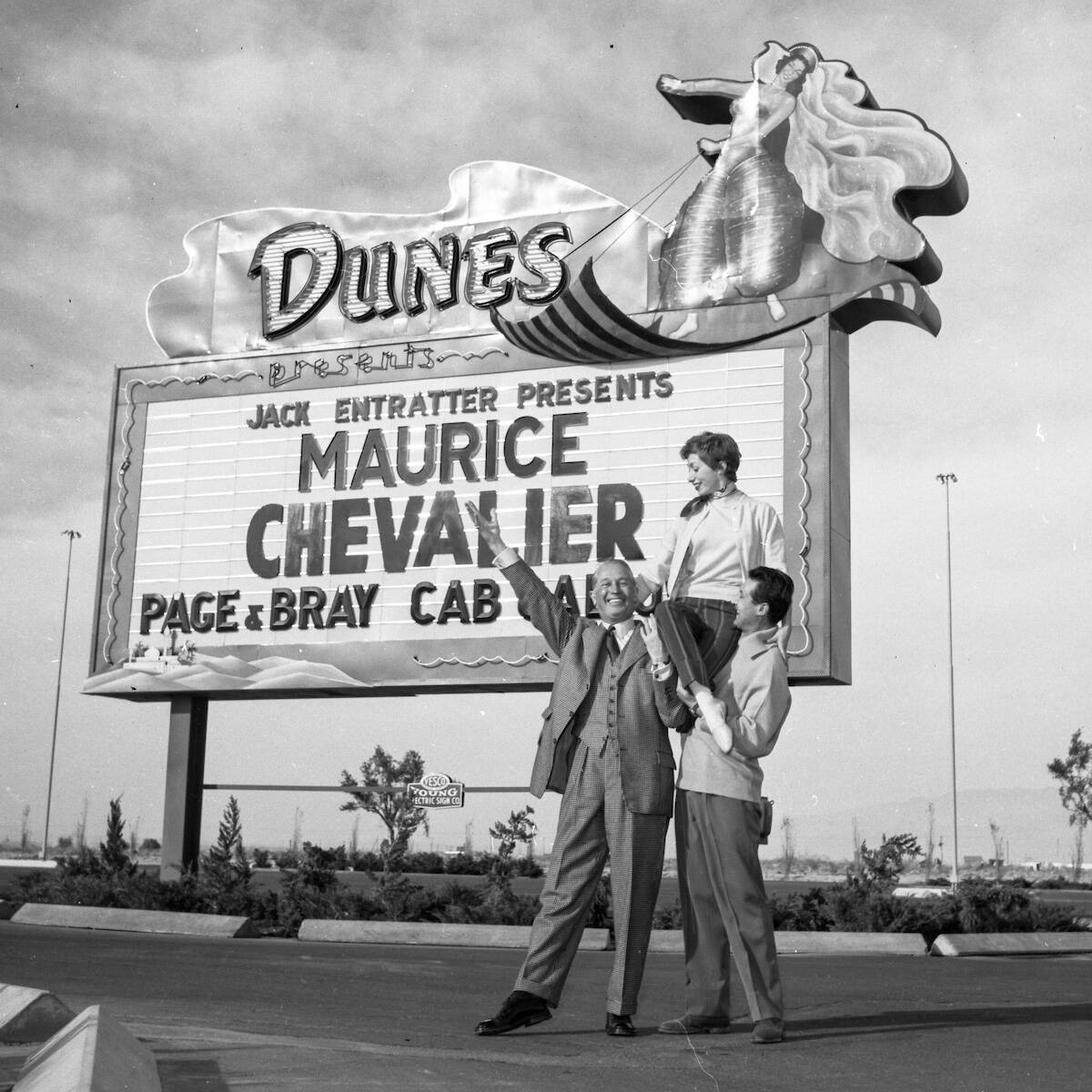 Maurice Chevalier on stage and posing in the front of the Dunes Hotel in Las Vegas on Dec. 21, ...