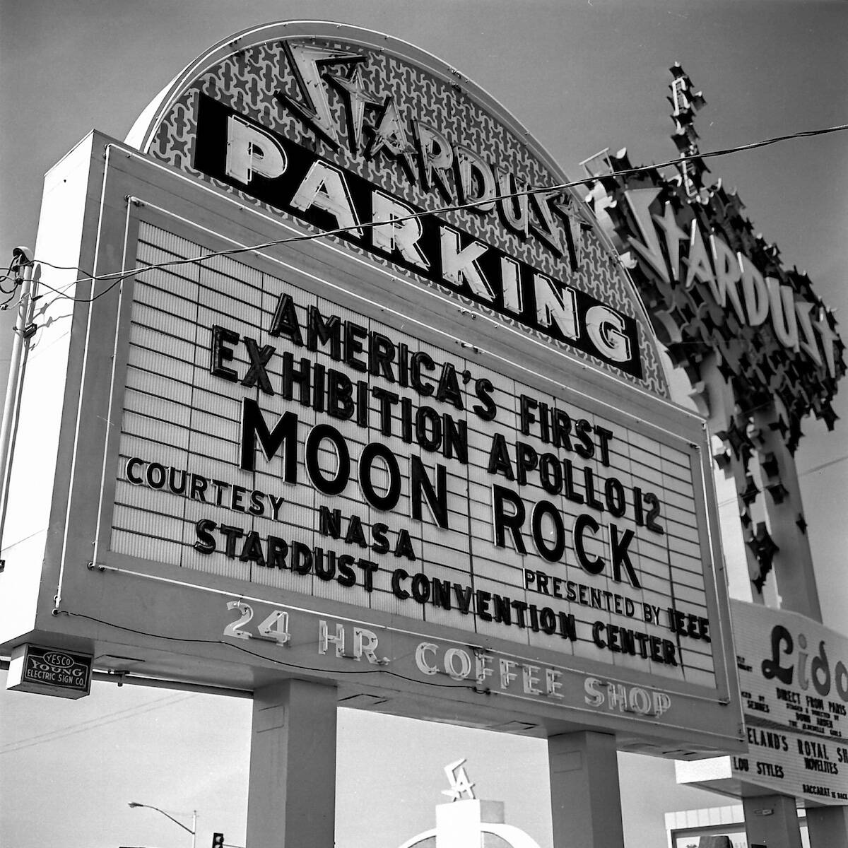 Moon rocks from the Apollo 12 mission are highlighted on the Stardust marquee on April 8, 1970. ...