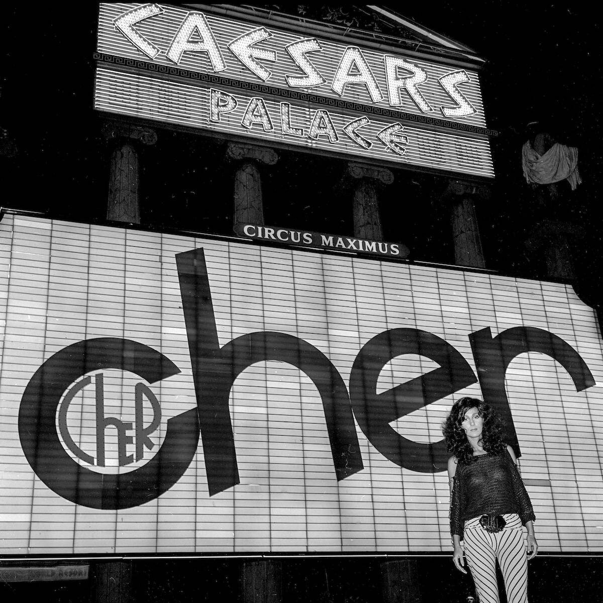 Cher in front of the Caesars Palace marquee on July 4, 1979. (Las Vegas News Bureau)