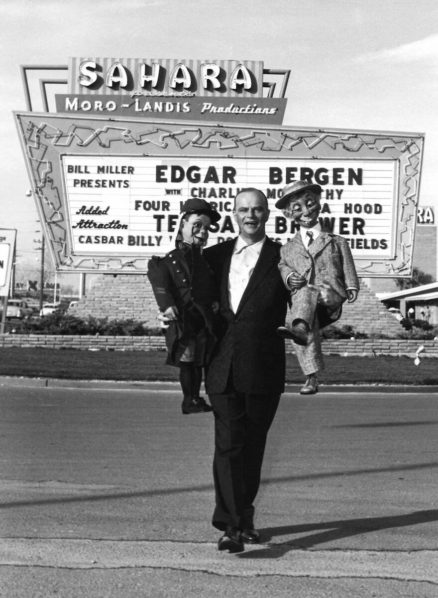 Edgar Bergen with a pair of pals at the Sahara on March 22, 1955. (Las Vegas News Bureau)
