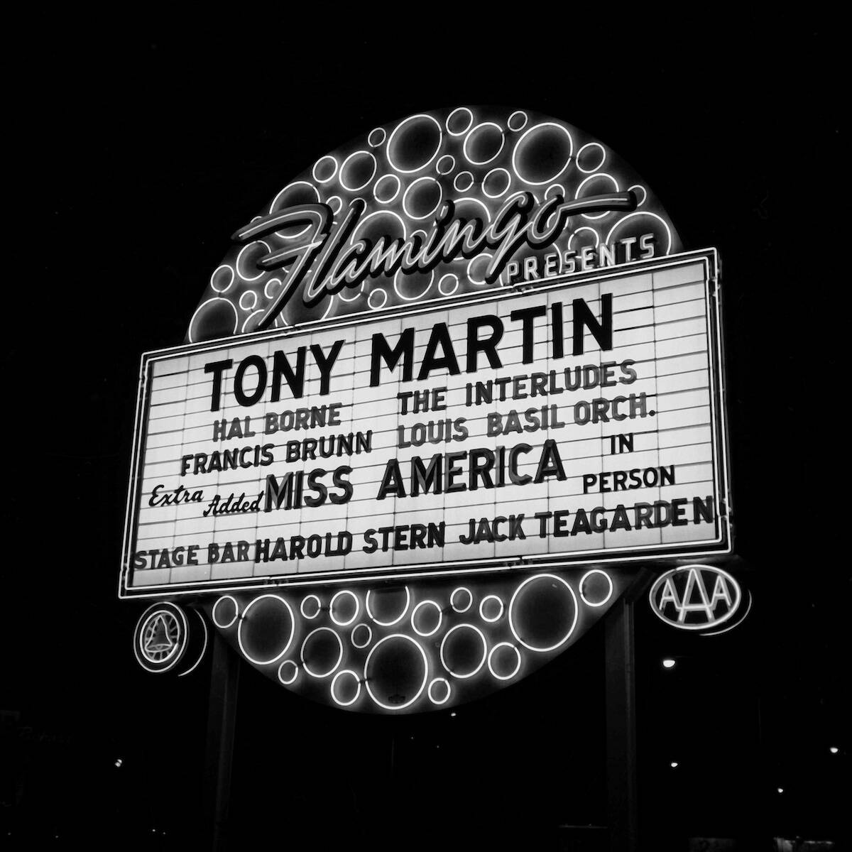 Tony Martin, among others, is featured on the Flamingo marquee on Dec. 31, 1955. (Las Vegas New ...