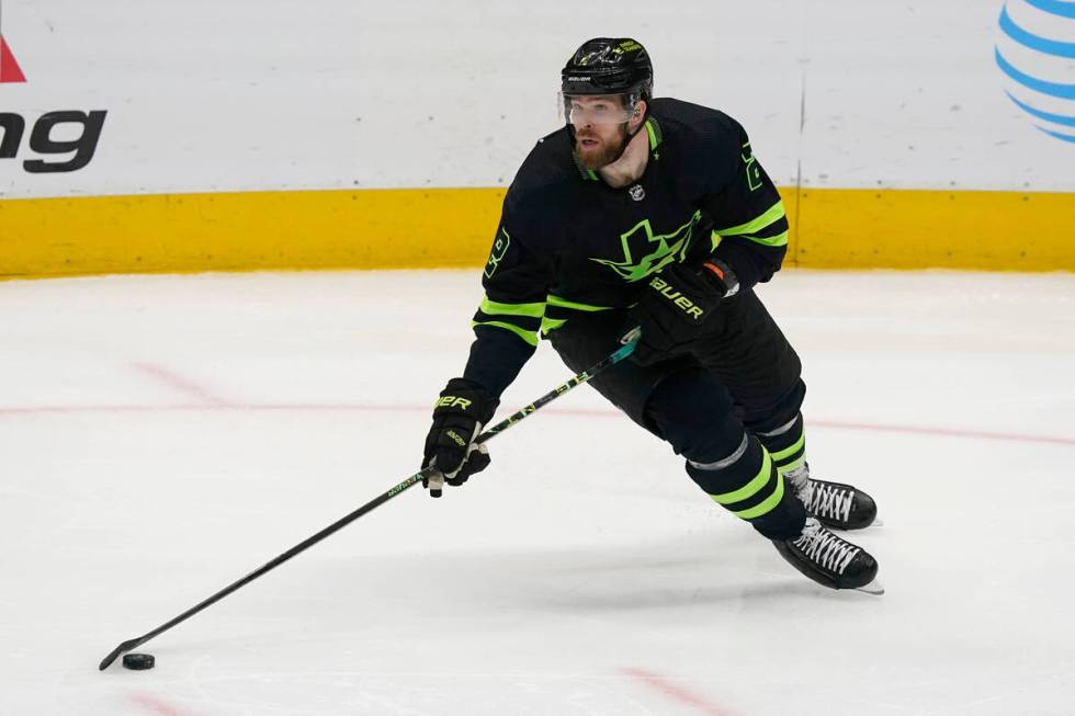 Dallas Stars defenseman Jani Hakanpää (2) skates with the puck during the third perio ...