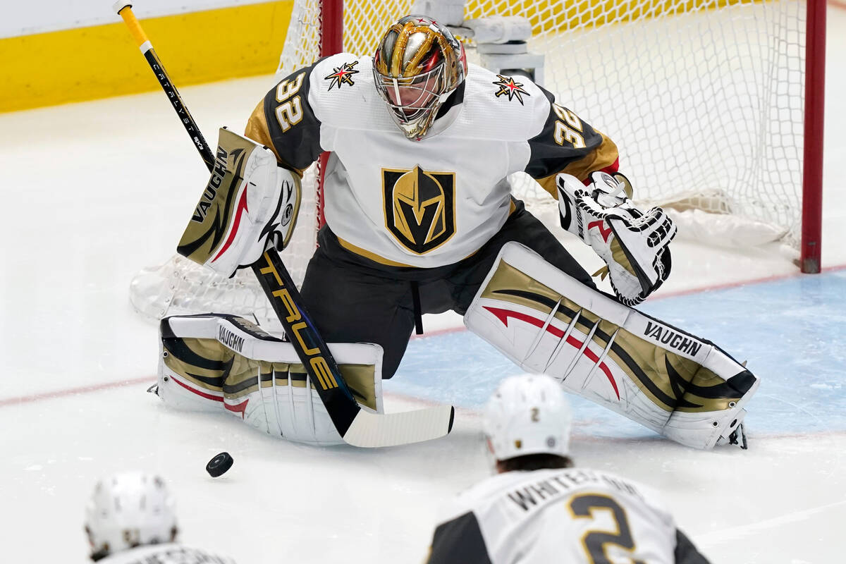 Vegas Golden Knights goaltender Jonathan Quick (32) defends the goal against the Dallas Stars d ...