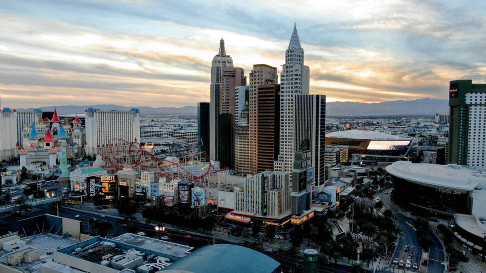 Aerial view of the New York New York hotel casino on the south Las Vegas Strip at sunset on Wed ...