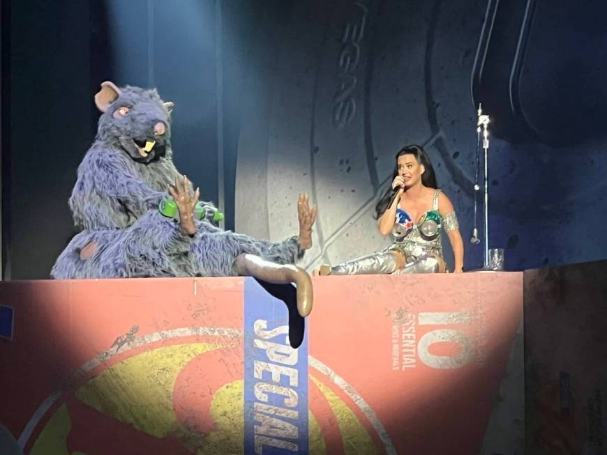 Katy Perry is shown with "Ratso," who is a giant rat, as she performs her "Play" production at ...