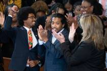 Expelled Rep. Justin Pearson, D-Memphis, from left, expelled Rep. Justin Jones, D-Nashville, an ...