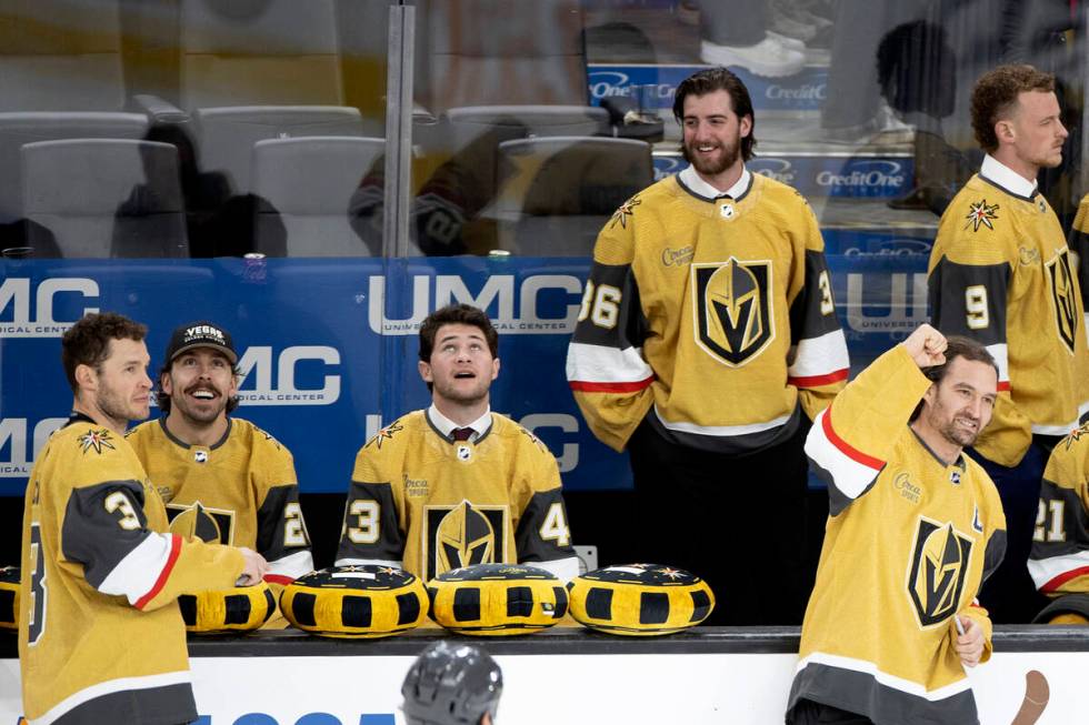 Golden Knights players take in the applause on Fan Appreciation Nigh after winning an NHL hocke ...