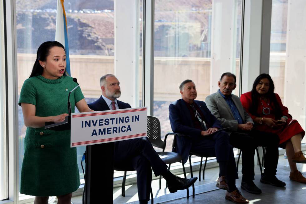 Reclamation Commissioner Camille Touton speaks during a news conference at Hoover Dam outside B ...