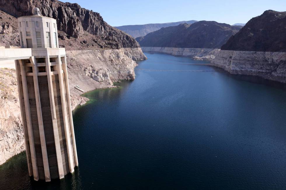 Lake Mead and the “bathtub ring” are shown with a Nevada intake tower at Hoover Dam outside ...