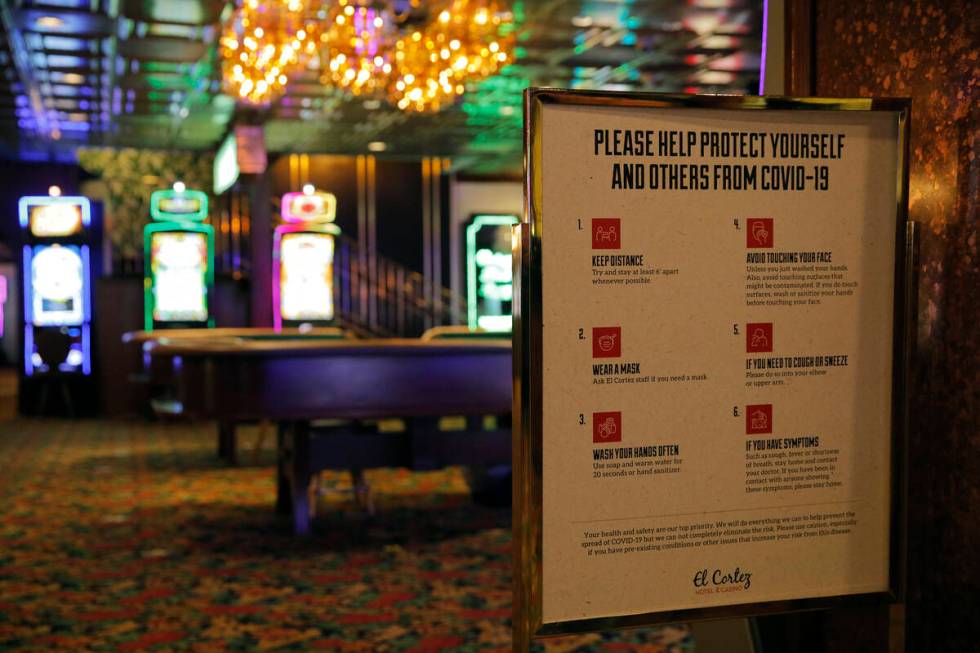 A sign to remind people of coronavirus safety measures is on display at the El Cortez hotel and ...