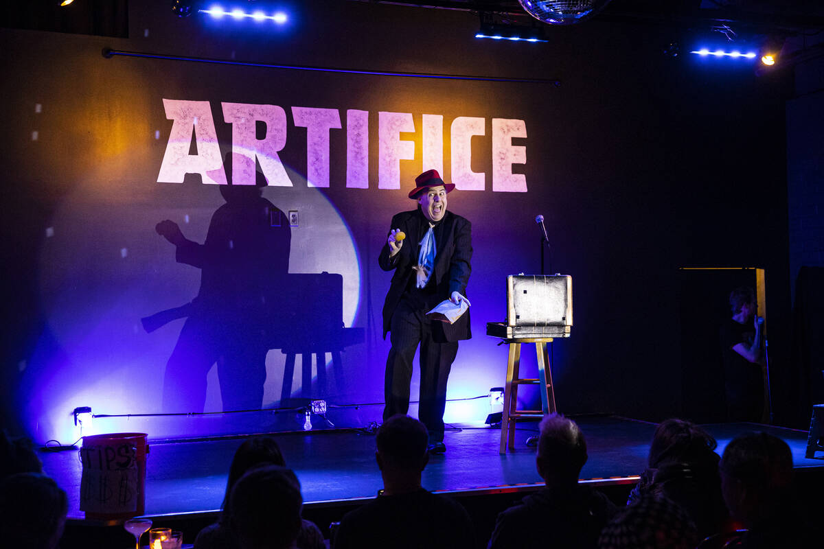 Magician Bizzaro performs during Secret Circus at Artifice on Thursday, Feb. 23, 2023, in downt ...