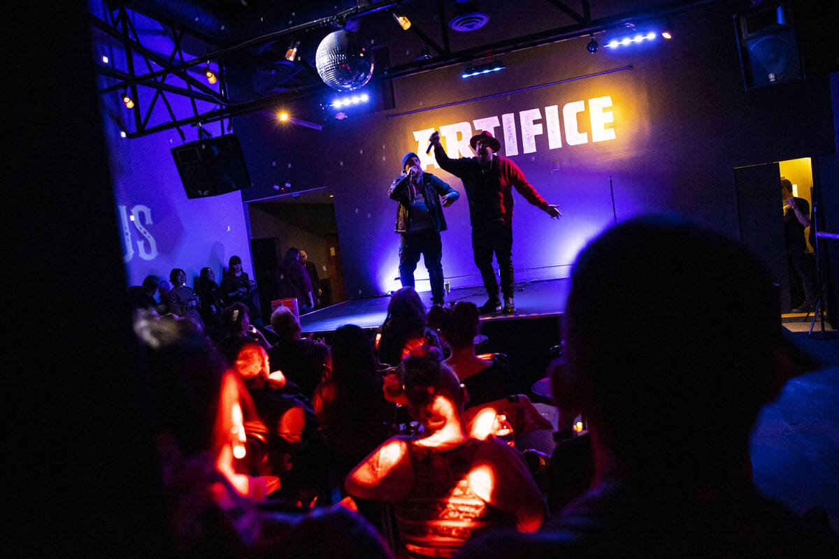 Rappers Charles King, right, performs with Snap Murphy during Secret Circus at Artifice on Thur ...