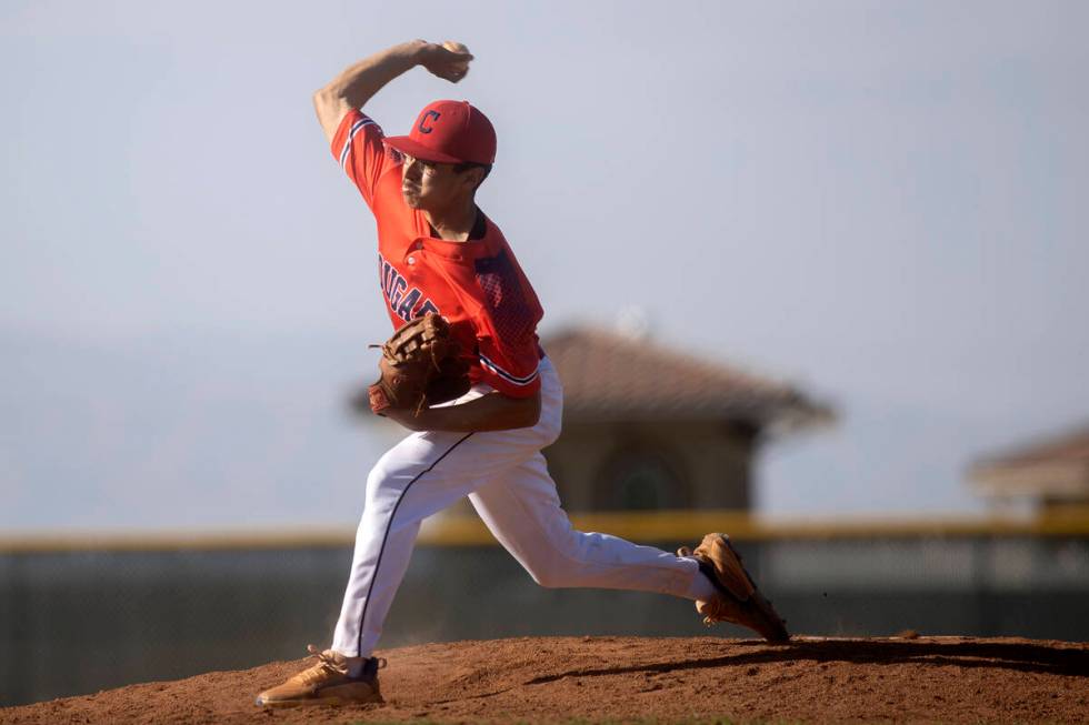 Coronado’s Michael Cortez pitches to Cimarron-Memorial during a high school baseball gam ...