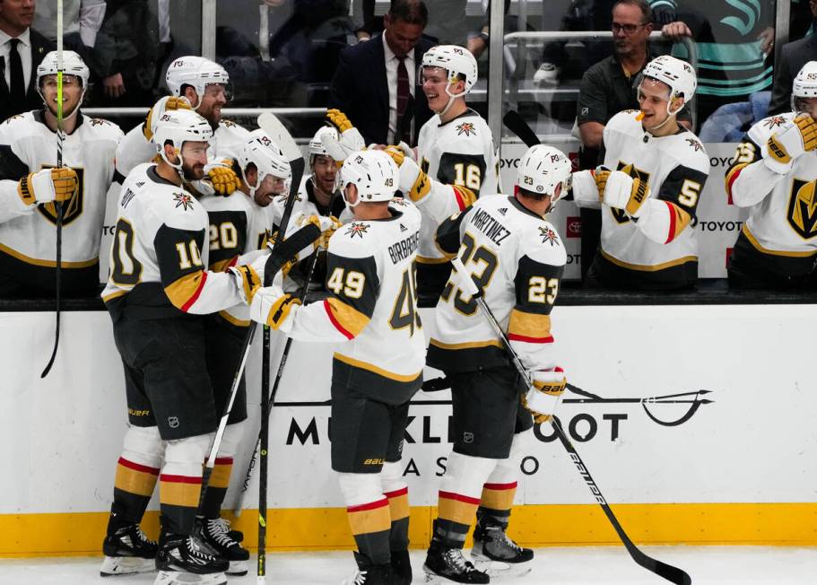 Vegas Golden Knights center Chandler Stephenson (20) celebrates his empty-net goal against the ...