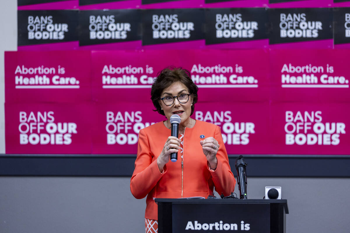 Senator Jacky Rosen speaks during an emergency press conference regarding the Supreme Court dec ...