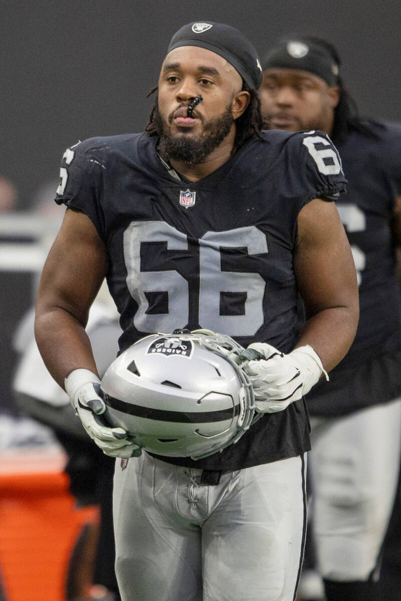 Raiders offensive lineman Dylan Parham (66) heads to the locker room for halftime during of an ...