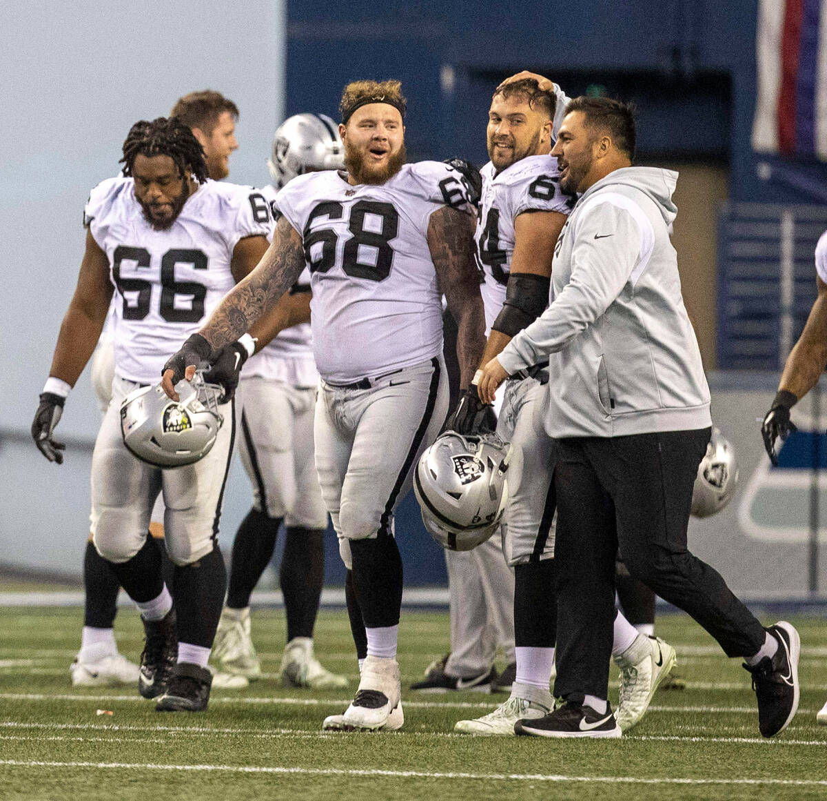 Raiders offensive lineman, from left, Dylan Parham, Andre James, Alex Bars and Hroniss Grasu ce ...