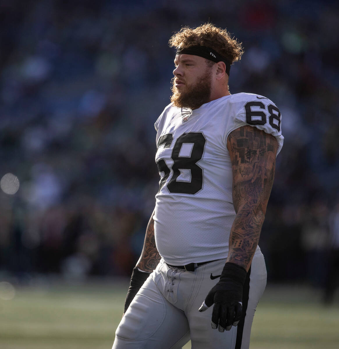 Raiders center Andre James (68) takes the field before an NFL game against the Seattle Seahawks ...