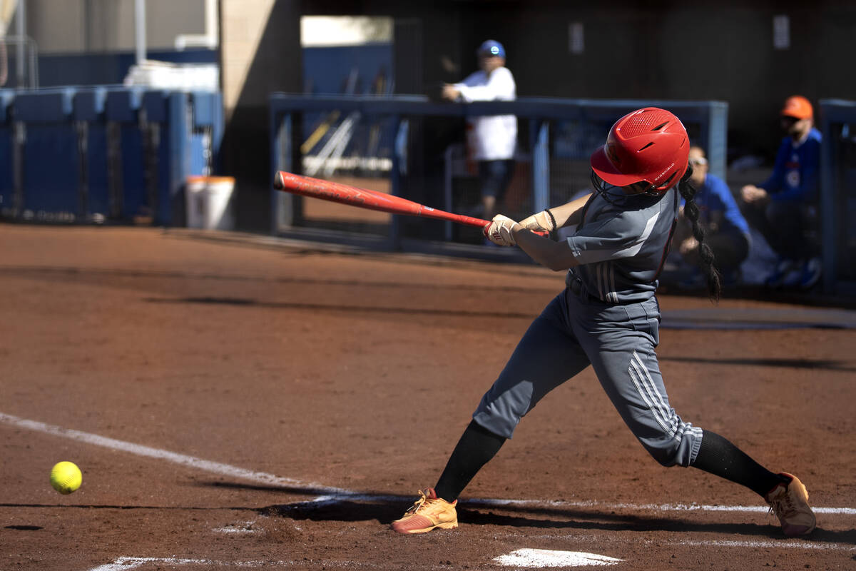 Tech’s Marlene Saldate bats against Bishop Gorman during a high school softball game at ...