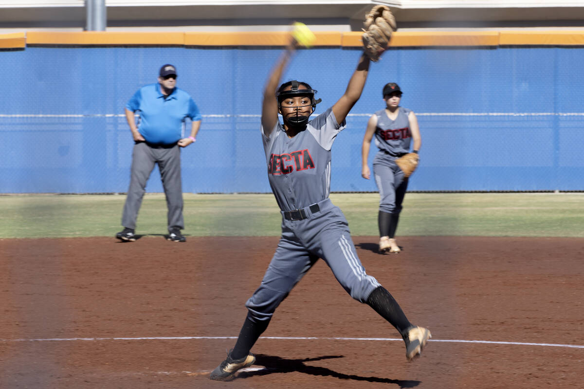 Tech’s Bea Robinson pitches to Bishop Gorman during a high school softball game at Bisho ...
