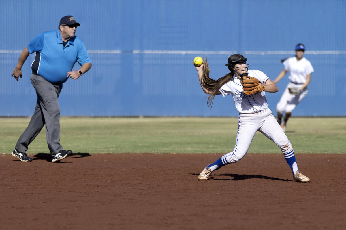Bishop Gorman’s Paige Nagamine throws to first base during a high school softball game a ...