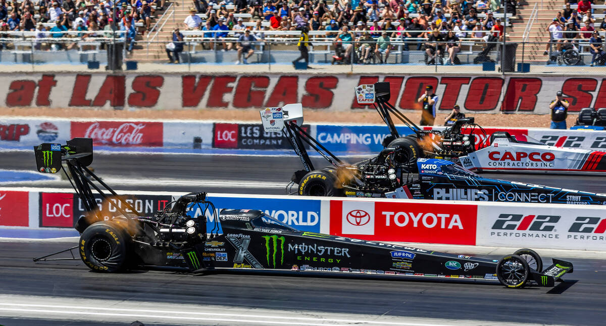 (From left) Top Fuel racer Brittany Force competes beside Justin Ashley and Steve Torrence duri ...