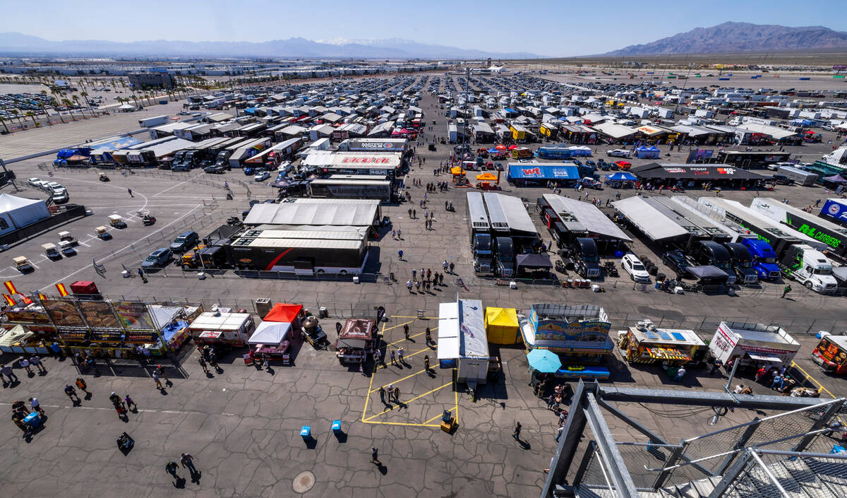 The pit area is extensive and busy during Day 2 of NHRA Nationals at the Las Vegas Motor Speedw ...
