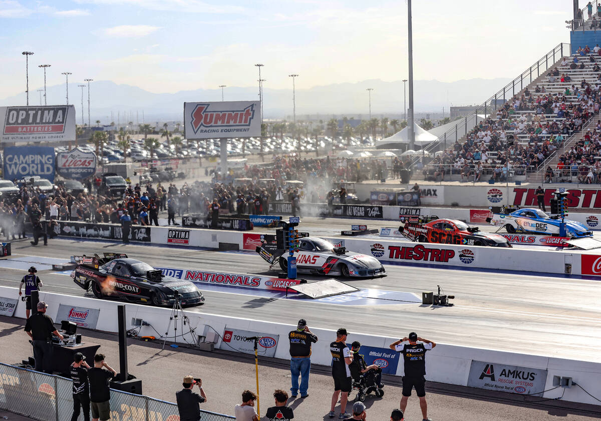 Racers John Force, top to bottom, Tim Wilkerson, Matt Hagan and Chad Green compete in the funny ...