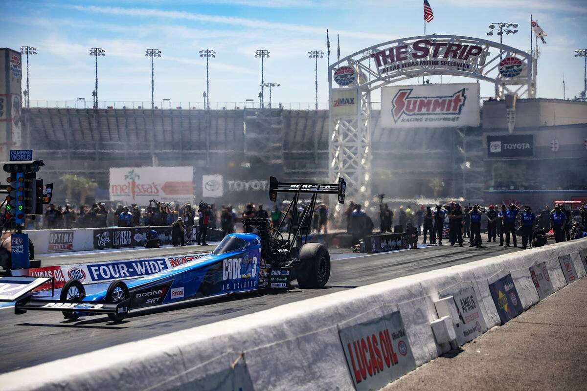 Leah Pruett races in a top fuel nitro elimination round at the 4-wide NHRA Nationals at the Las ...