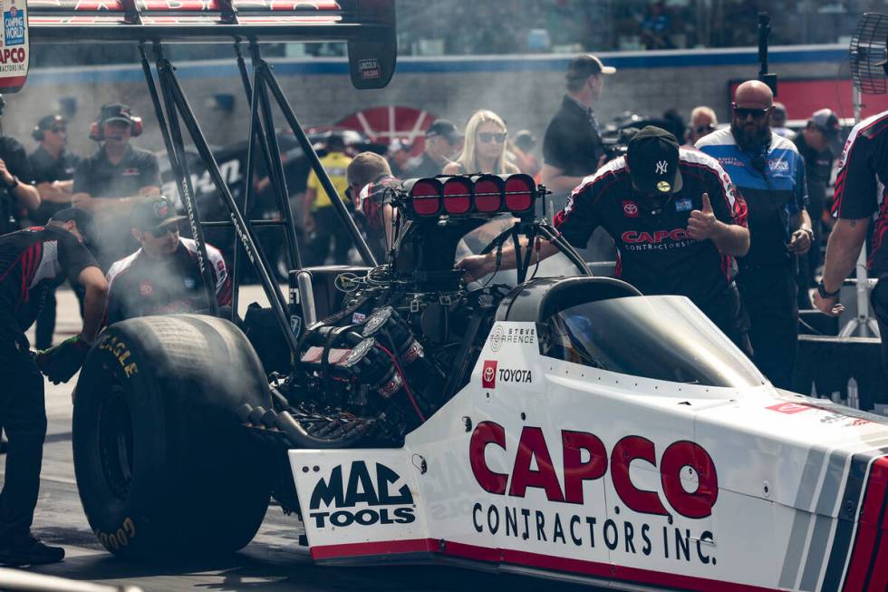 Steve Torrence prepares to race at the 4-wide NHRA Nationals at the Las Vegas Motor Speedway in ...
