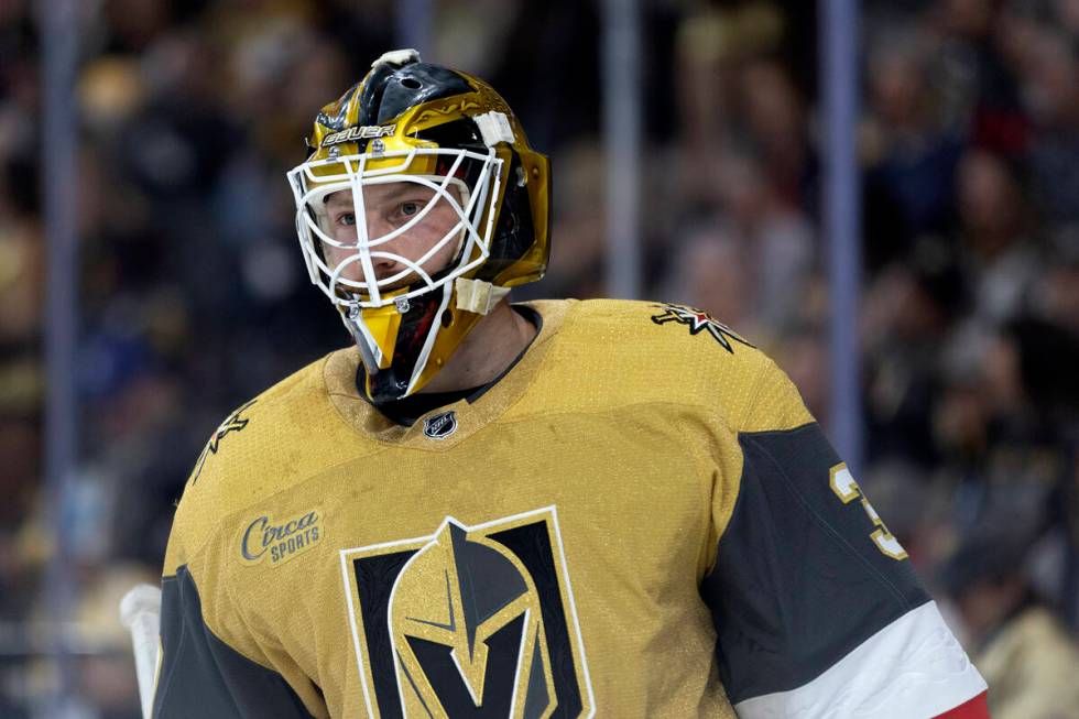 Golden Knights goaltender Laurent Brossoit (39) skates in between play during the second period ...