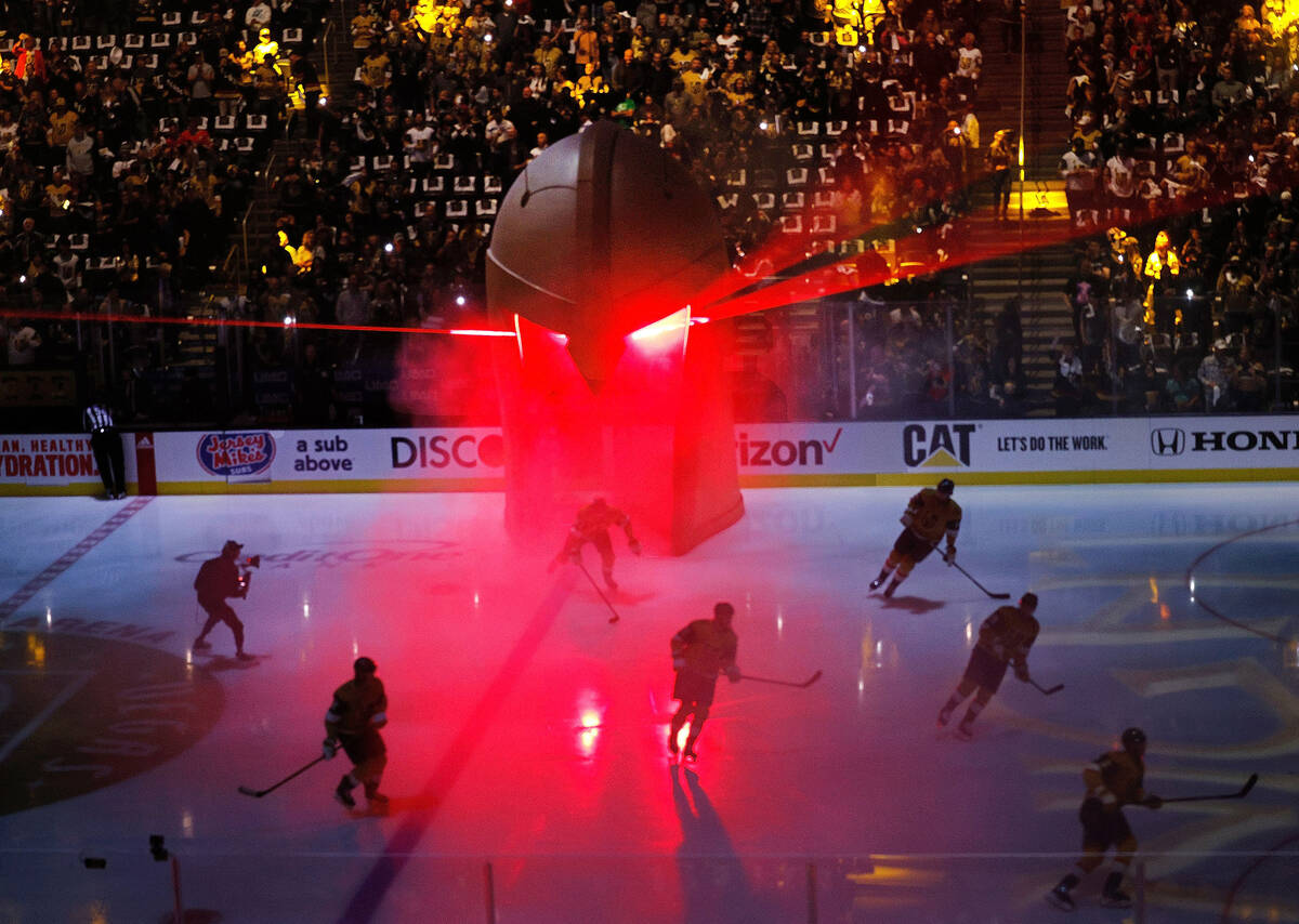 Golden Knights players come out during introductions before the first period of Game 1 of an NH ...