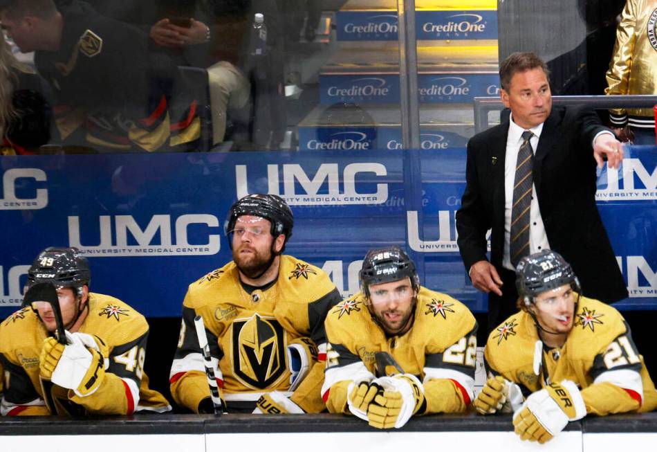 Golden Knights head coach Bruce Cassidy gestures during the third period of Game 1 of an NHL ho ...