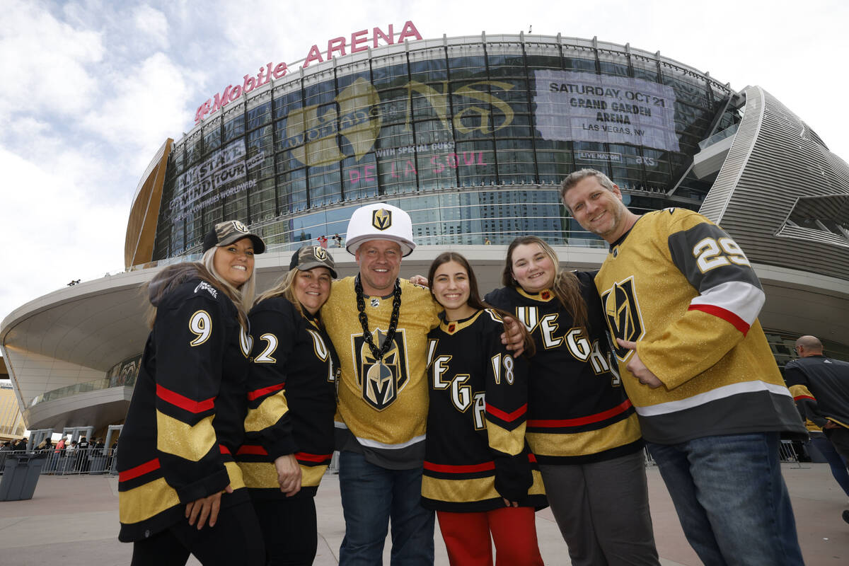 Golden Knights fans, Kelly DeVito, from left, Kim Starr, Todd Starr, Alexa Starr, Brooklyn DeVi ...